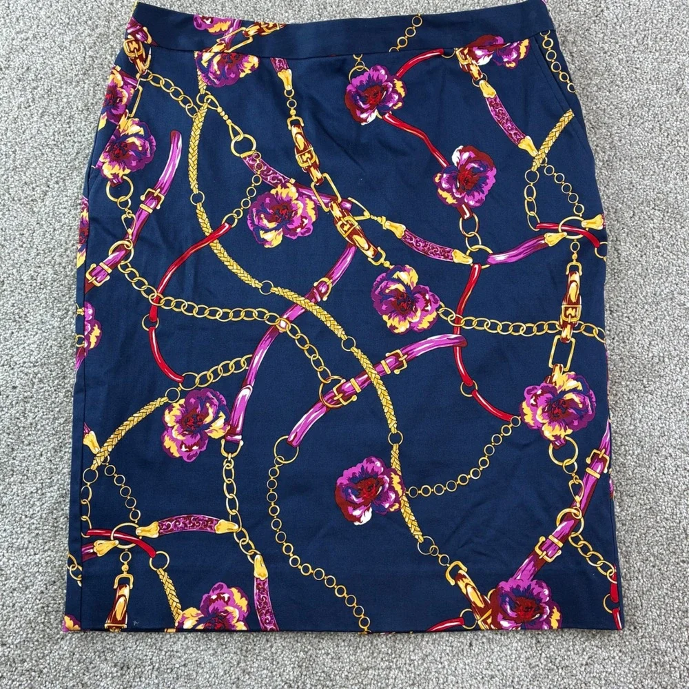Womens Pencil Skirt Size 14 Navy Floral Chain Print Pockets Career Office Preppy